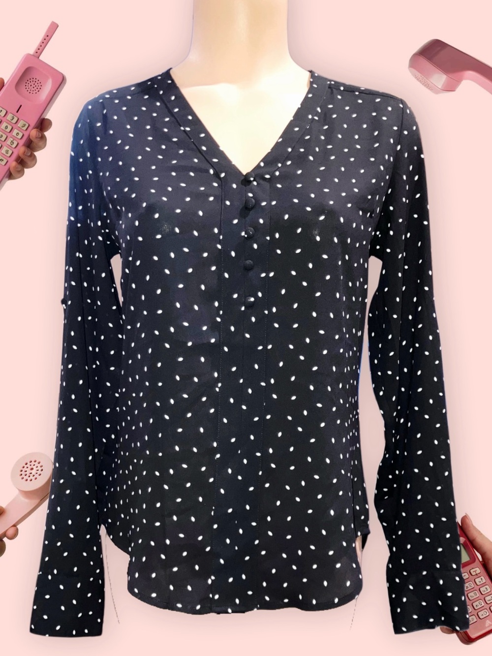 Express Black Semi Sheer Blouse Polka Dot White Leaves Career Work Size XS NWT